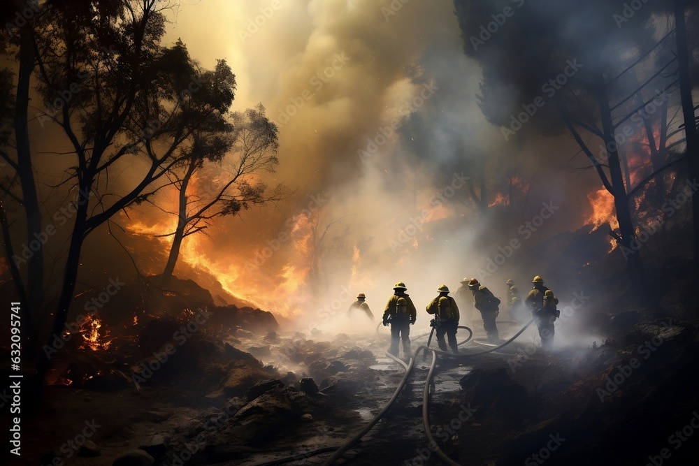 Wildfire Suppression: Firefighters Apply Water. Generative AI