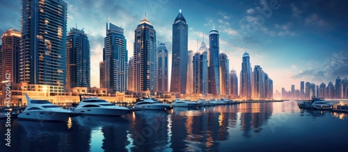 The buildings in Dubai Marina, located in the United Arab Emirates, are known for their unique architectural design and modernity.