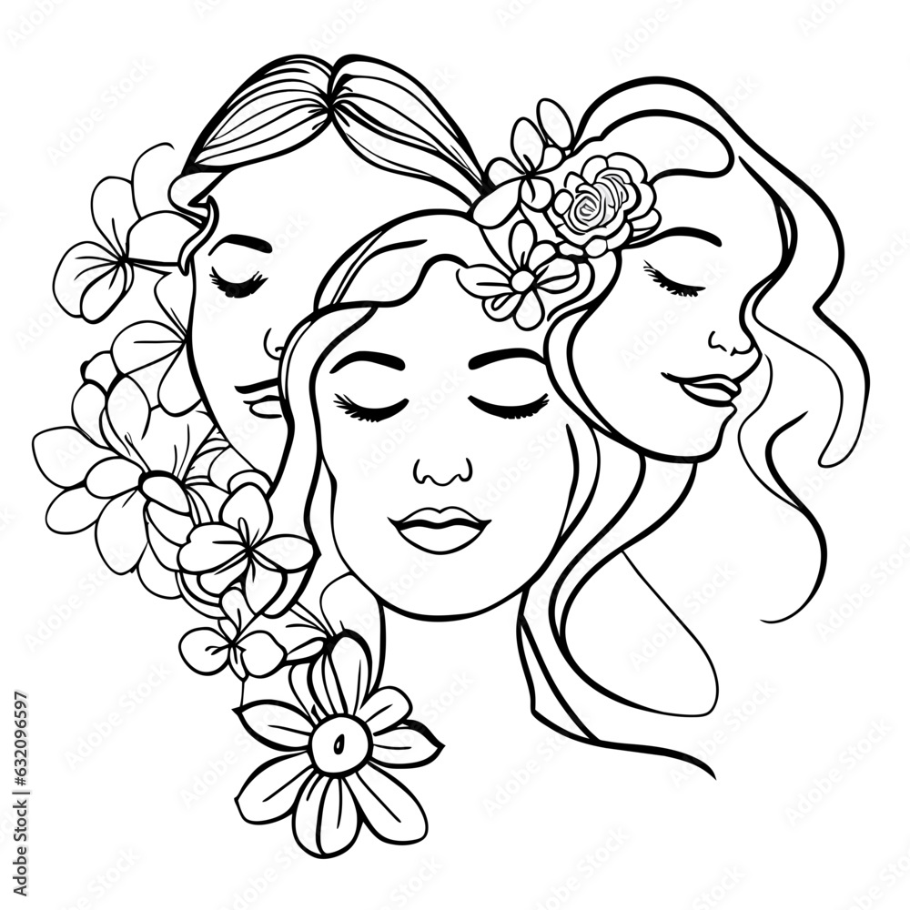 Women's faces in one line art style with flowers and leaves.Continuous line art in elegant style for prints, tattoos, posters, textile, cards etc. Beautiful women face Vector illustration
