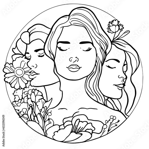 Women's faces in one line art style with flowers and leaves.Continuous line art in elegant style for prints, tattoos, posters, textile, cards etc. Beautiful women face Vector illustration 