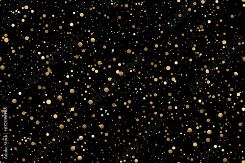 Black seamless pattern with golden glitter, sequins. Applicable for wrapping paper, print. Background with shiny sparkles, particles. Repeatable texture. Celebration, festive, event. Generative AI.
