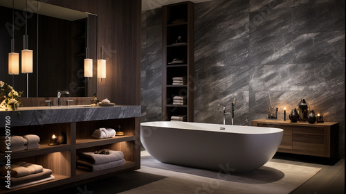 sleek grey marble bathroom with LED lighting  double vanity  and freestanding bathtub