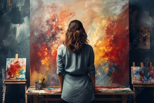 Woman painting canvas easel. Generate Ai