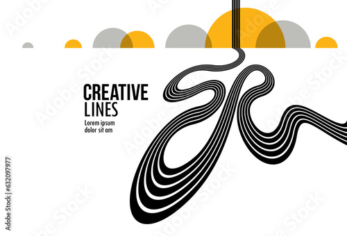 Future lines in 3D perspective vector abstract background, black and yellow linear composition, road to horizon and sky concept, optical illusion op art.