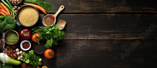 Clean eating food featuring a variety of organic vegetable ingredients, accompanied by an empty iron cooking pot, wooden bowls, and spoons on a wooden background. This top view composition offers