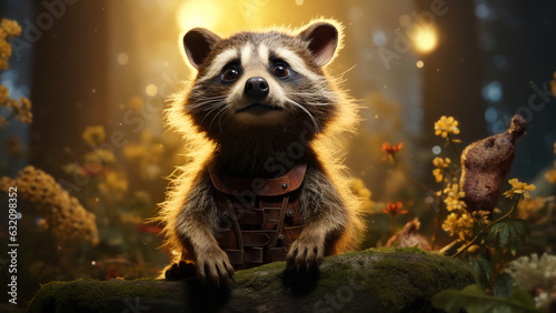 Little raccoon in a magical forest. Medieval times. Celtic fantasy. AI art. 