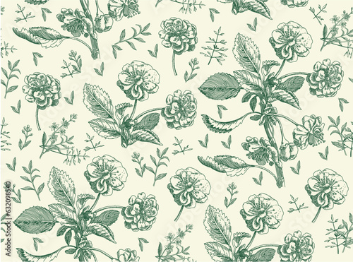 Seamless pattern Apple tree wildflowers. Beautiful fabric blooming realistic isolated flowers Vintage background Wallpaper baroque. Drawing engraving Vector victorian illustration
