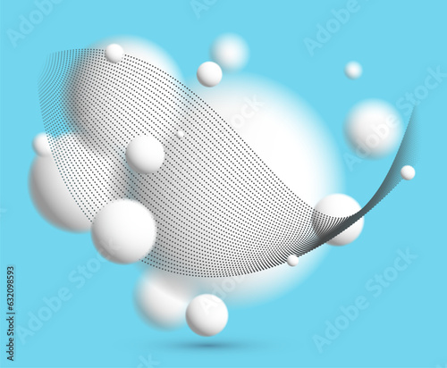 Light and soft 3D defocused spheres with particles wave flow vector abstract background over blue, relaxing ambient white balls in levitation, atmospheric wallpaper.