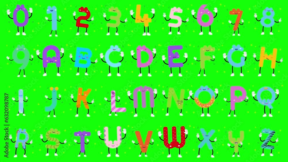 Funny alphabet characters with face and leg expressions, alpha channel 4k video animation. Animated cartoon numbers and letters designed to inspire creativity and learning. Colorful kids typeface.