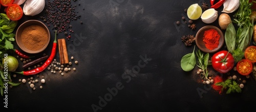 Fotografiet food cooking background, with a cutting board, spices, herbs, and vegetables placed on a black slate table