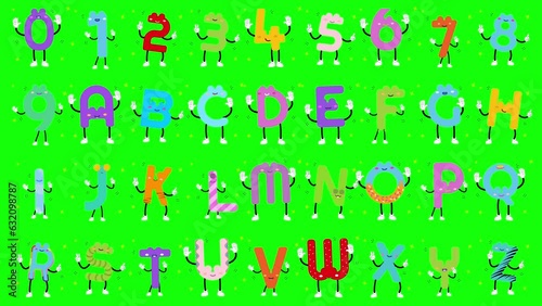 Funny alphabet characters with face and leg expressions, alpha channel 4k video animation. Animated cartoon numbers and letters designed to inspire creativity and learning. Colorful kids typeface.