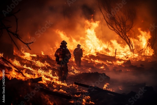 Firefighters in the Midst of Battling a Roaring Blaze. Generative AI