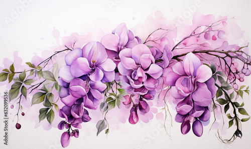 Abstract lilac flowers on white background, empty space.