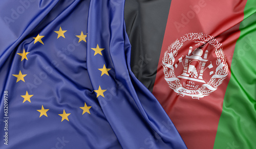 Ruffled Flags of European Union and Afghanistan. 3D Rendering
