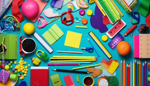Colorful school supplies, such as pencils, notebooks, rulers, and backpacks