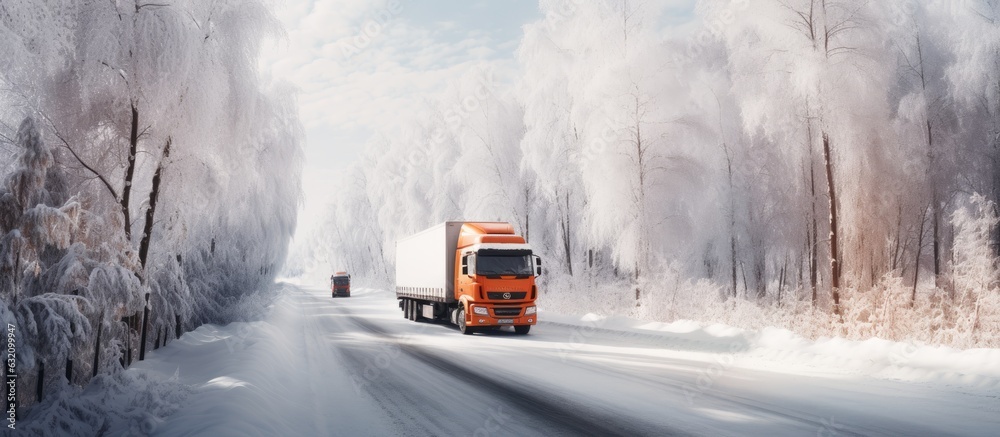 An orange truck is speeding down a winter road in the countryside, surrounded by snow-covered trees.
