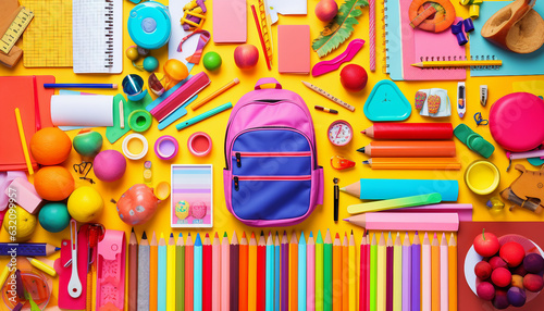 A collage of colorful school supplies, such as pencils, notebooks, rulers