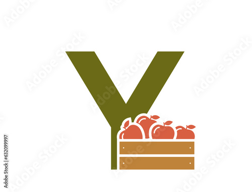 letter y with apple crate. fruit and organic food text logo. gardening and harvest design. vector image