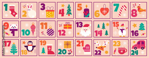Christmas advent calendar countdown printable numbered poster with xmas elements and symbols, vector flat illustration