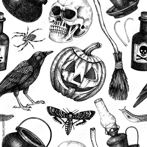 Halloween background. Skull,  potions, pumpkin head, moth. slugs, raven sketches. Hand drawn witchcraft repeating texture. Magic seamless pattern. Halloween design, print, decoration, textile