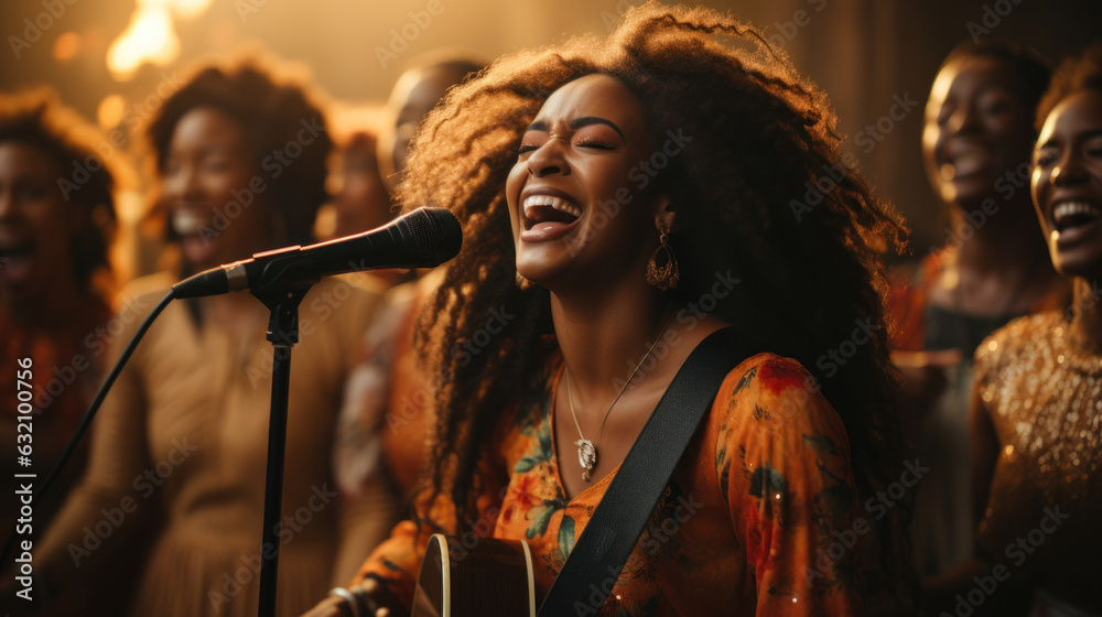 Group of african american gospel women singing and play in guitar together on church. Group of african american gospel women singing and play in guitar together on church.