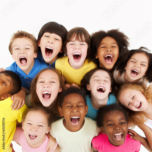 Many children different nationality stand in a circle and laugh and rejoice merrily, the concept of friendship and peace, unification, children's faces on white background