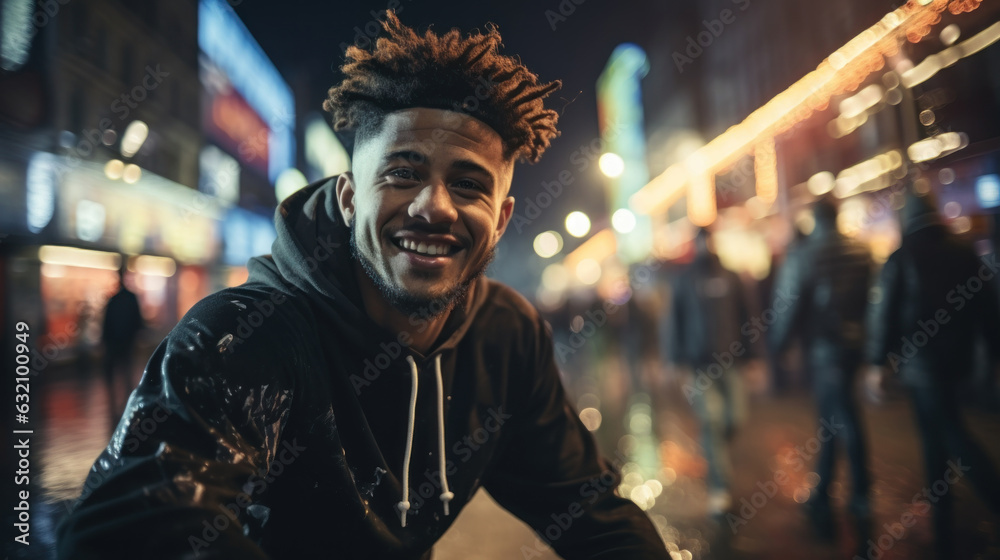 Young handsome afro american man in the city at night smiling happy and cool, lifestyle people concept. Young handsome afro american man in the city at night smiling happy and cool, lifestyle people concept.