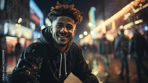 Young handsome afro american man in the city at night smiling happy and cool, lifestyle people concept.