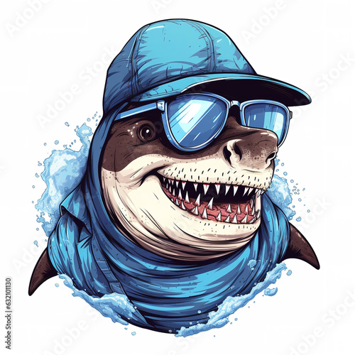 Shark wearing hat with sunglasses. Modern street style for sticker or t-shirt design. Generative AI