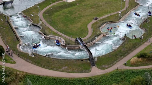 Lee valley white water centre aerial view looking down over inflatable rafting training course curving waterway photo