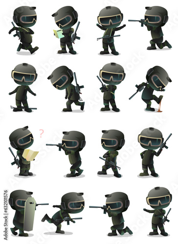 SWAT characters set. Fighter in equipment with weapons in different poses. combat situations. Funny cartoon style. object isolated on white background. Vector