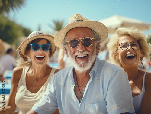 Happy old men traveling, old men on a summer trip, group of old men having a party