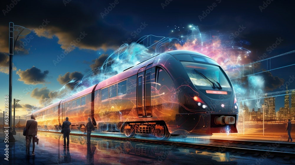 Futuristic trains deliver goods, surreal trains deliver goods, trucks deliver goods