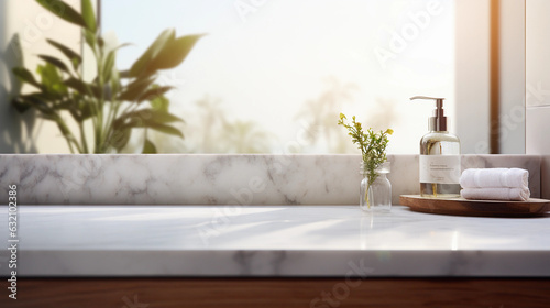 Beautiful marble table top with blurred bathroom interior background