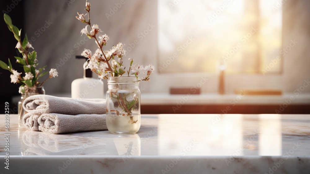 Fototapeta premium Beautiful marble table top with blurred bathroom interior background