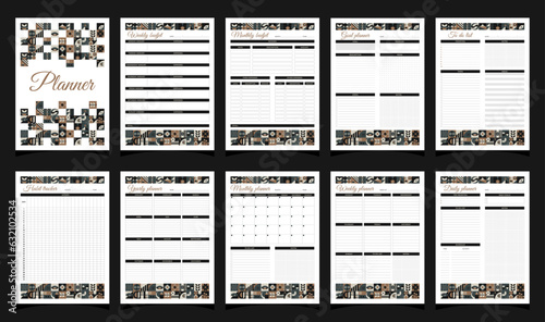 Planners set geometry. Daily, weekly, monthly, yearly, habit tracker, to do list, goal, monthly budjet, weekly budjet and cover.  Planners printable template with geometric shapes