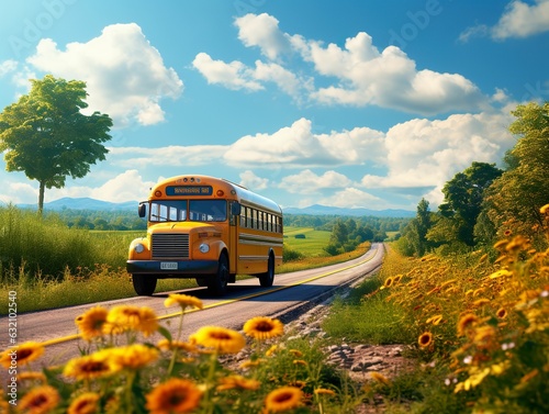 Yellow school bus on a country road, school bus driving on a field road, school bus close-up