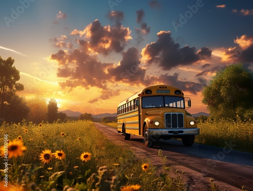 Yellow school bus on a country road, school bus driving on a field road, school bus close-up
