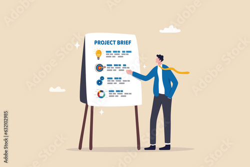 Project briefing, design summary or brief document presentation, business goal strategy or workflow development details, planning concept, businessman present project brief on meeting room whiteboard. photo