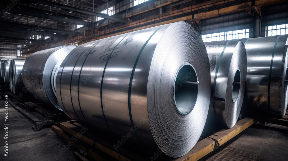 Rolls of galvanized steel sheet inside the factory. Galvanized steel sheet in warehouse. Generative Ai Rolls of galvanized steel sheet inside the factory. Galvanized steel sheet in warehouse. Generative Ai
