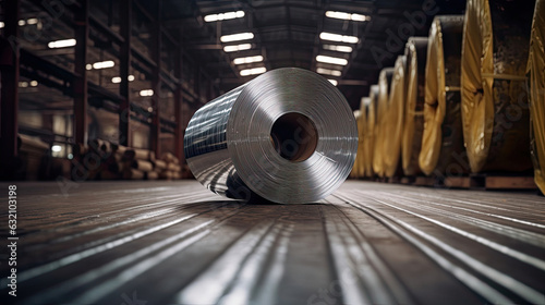 Rolls of galvanized steel sheet inside the factory. Galvanized steel sheet in warehouse. Generative Ai