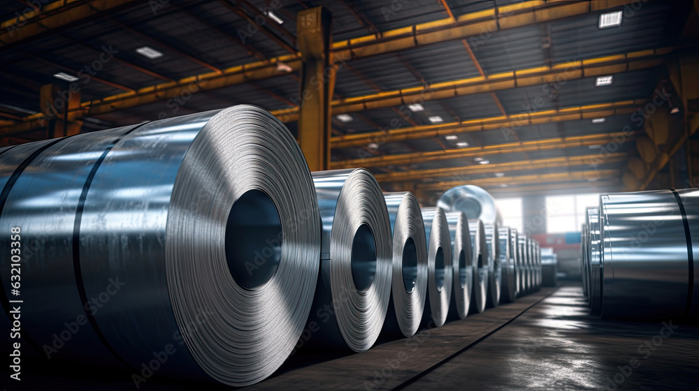 Rolls of galvanized steel sheet inside the factory. Galvanized steel sheet in warehouse. Generative Ai Rolls of galvanized steel sheet inside the factory. Galvanized steel sheet in warehouse. Generative Ai