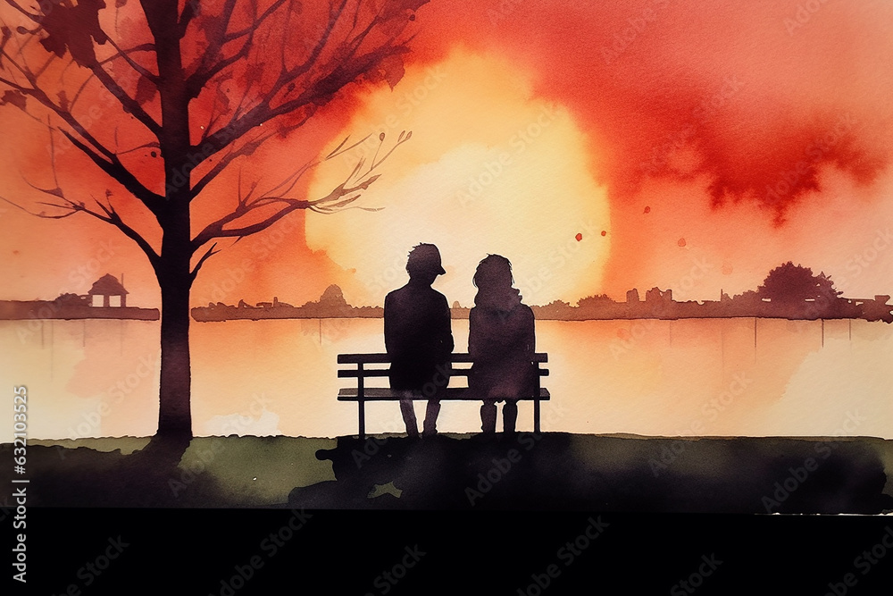 water color drawing of Two lovers sitting on a park