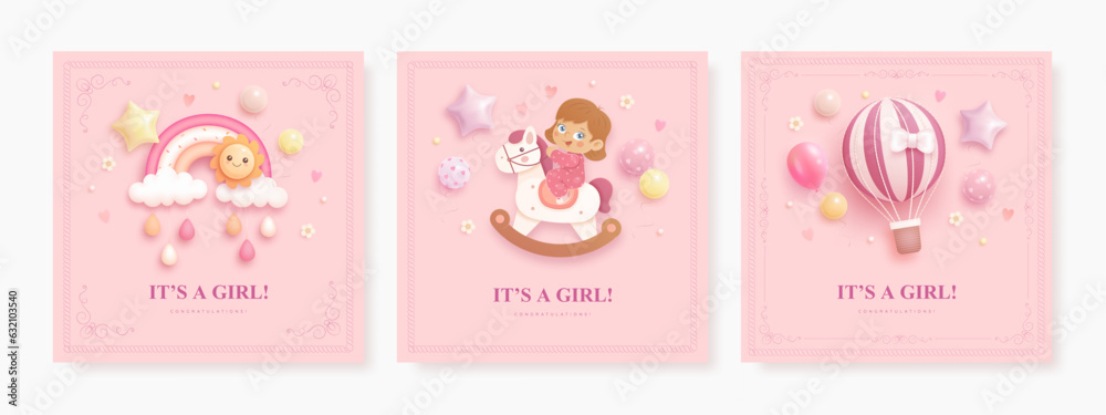 Set of baby shower invitation template with baby girl, rocking horse, rainbow and hot air balloon. Square card or web banner collection. Its a girl. Vector illustration