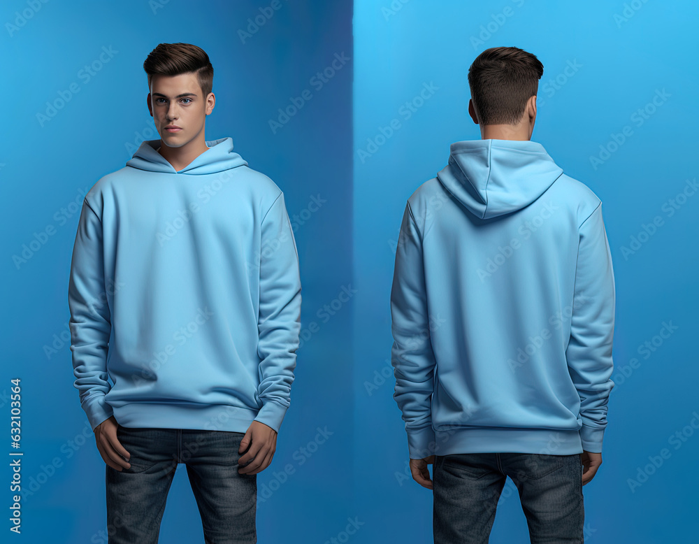 Front and back view of a blue hoodie mockup for design print Front and back view of a blue hoodie mockup for design print