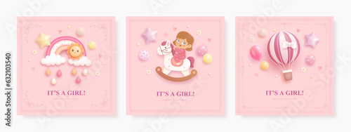 Set of baby shower invitation template with baby girl, rocking horse, rainbow and hot air balloon. Square card or web banner collection. Its a girl. Vector illustration