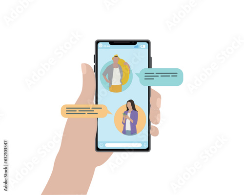 The phone is held in the hand by a human hand, correspondence with people vacation travel agency work communication messenger phone screen vector illustration