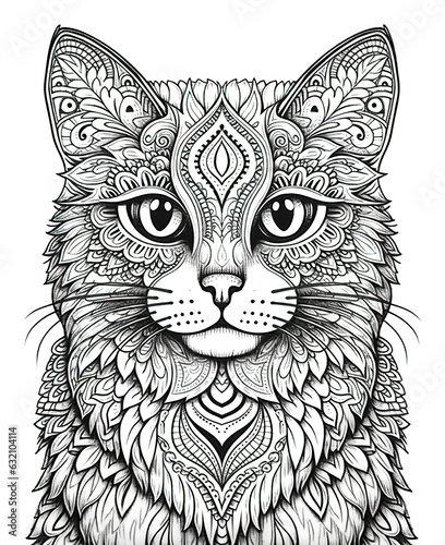 Mandala, black and white illustration for coloring animals, cat.