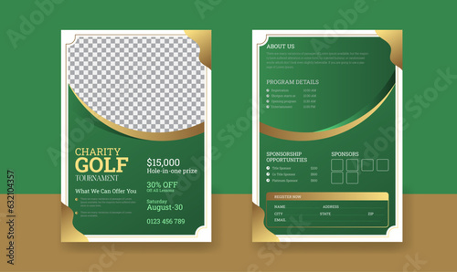 Golf tournament poster template with golf club and ball, golf game flyer and magazine cover