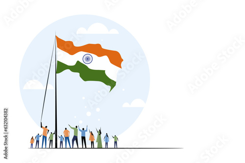 Illustration of a group of people hoisting the Indian tricolour flag photo